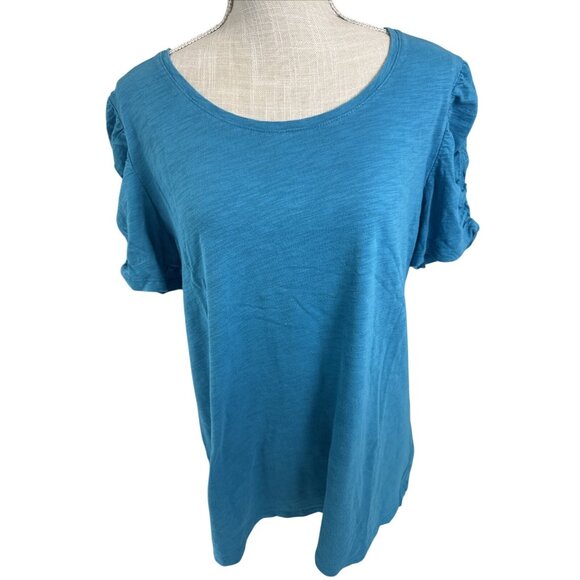 Style & Co. Turquoise Blue Rouched Short Sleeve Round Neck Cotton T-Shirt XL - Picture 1 of 7
